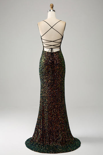 Glitter Nero Spaghetti Straps Paillettes Mermaid Prom Dress con Spacco